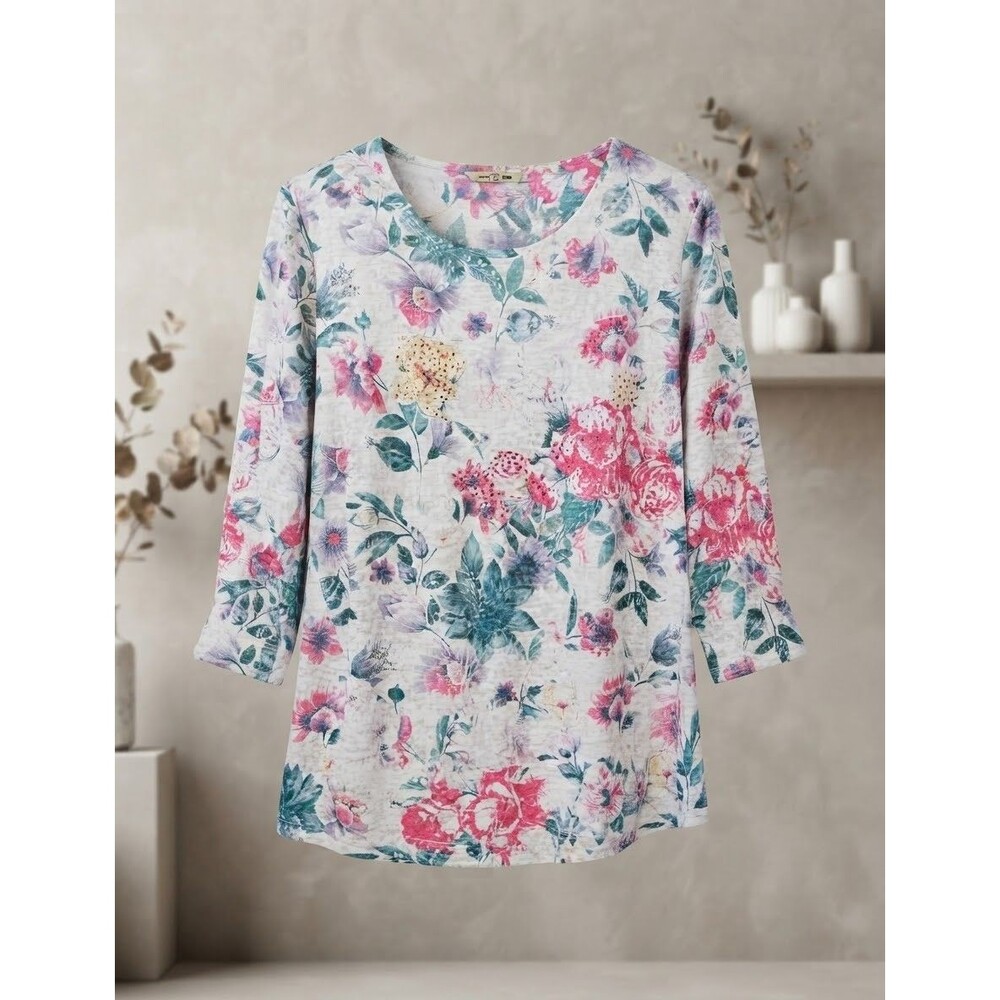 Astrologie Womens XXL Floral Burnout Tunic Top Rhinestone Accent 3/4 Sleeve Pink